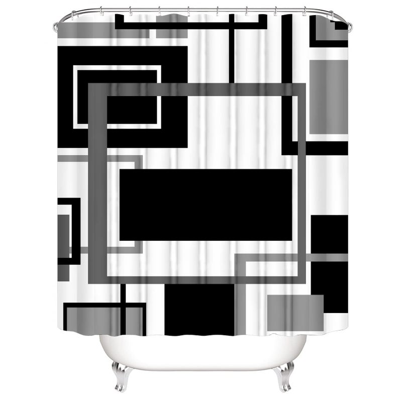 Yddsky 4 Pcs Black Geometric Shower Curtain Sets Non-Slip Bath Rugs  Toilet Cover  U-Shaped Mat  Abstract Geometric Modern Shower Curtain with 12 Hooks - Image 3